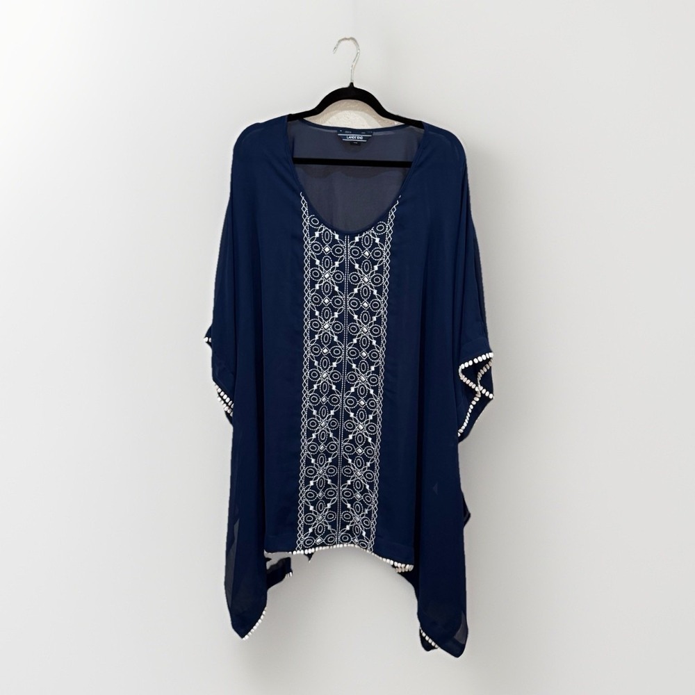 Lands End Womens Swim Tunic Cover Up Sheer Blue White Embroidery Oversized XL 18